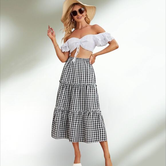 Gingham Tiered Midi Skirt Elastic Waist, Ruffle Hem  Black White Check Med NWT - Picture 1 of 5